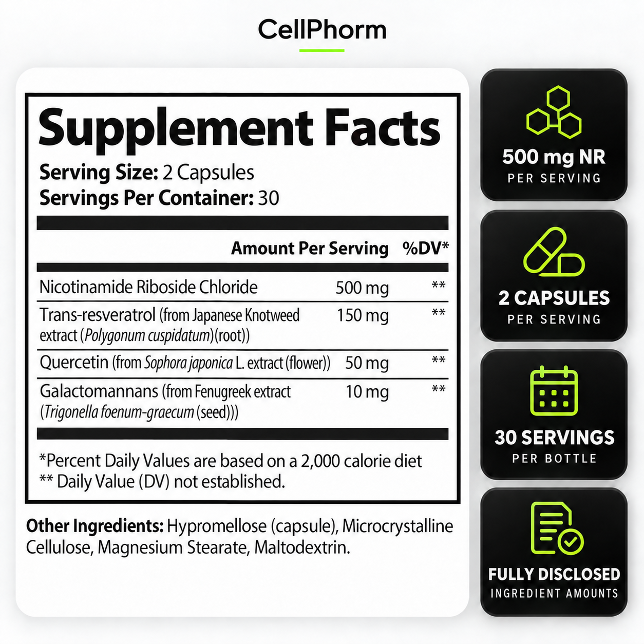 CellPhorm NAD+ Support Supplement Facts label