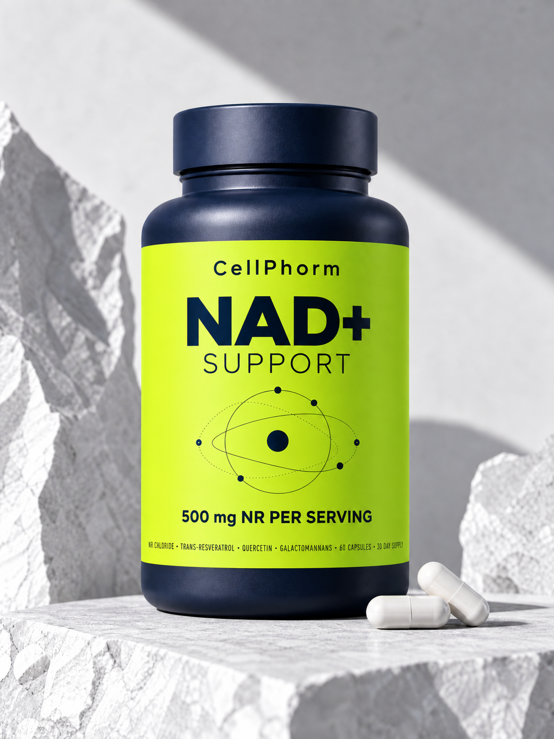 CellPhorm NAD+ Support bottle with readable label