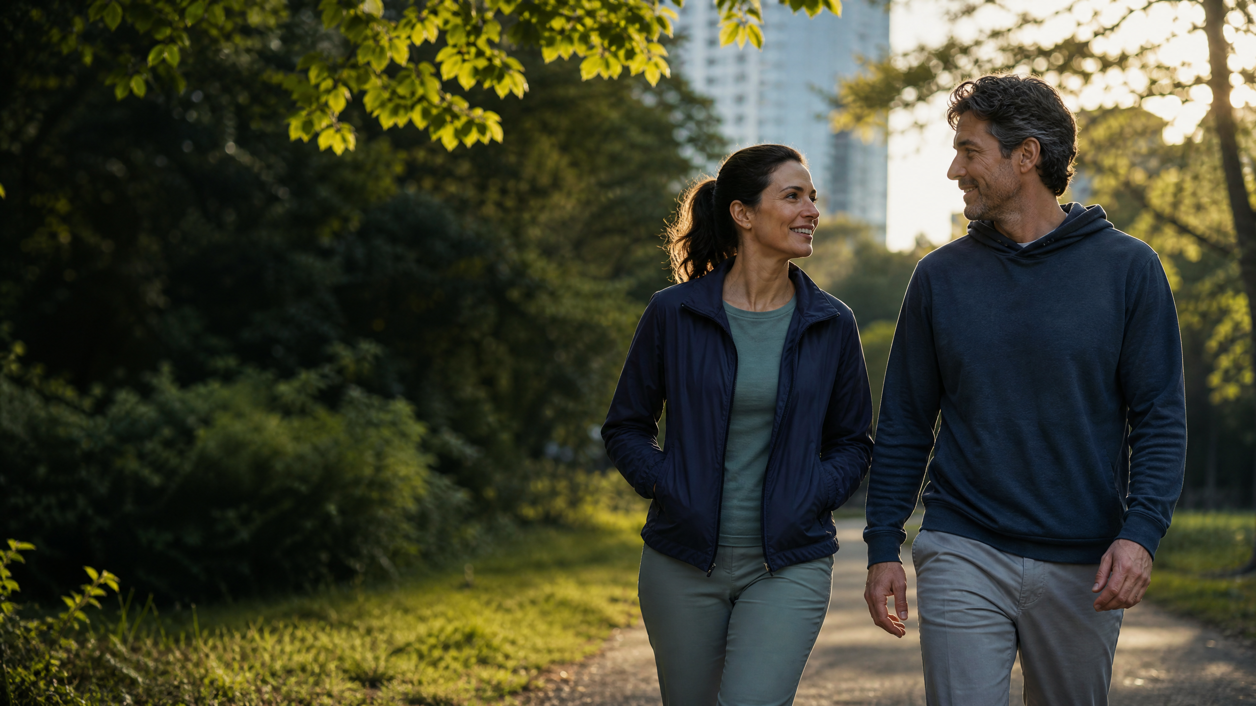 A woman and a man enjoying an evening walk outdoors