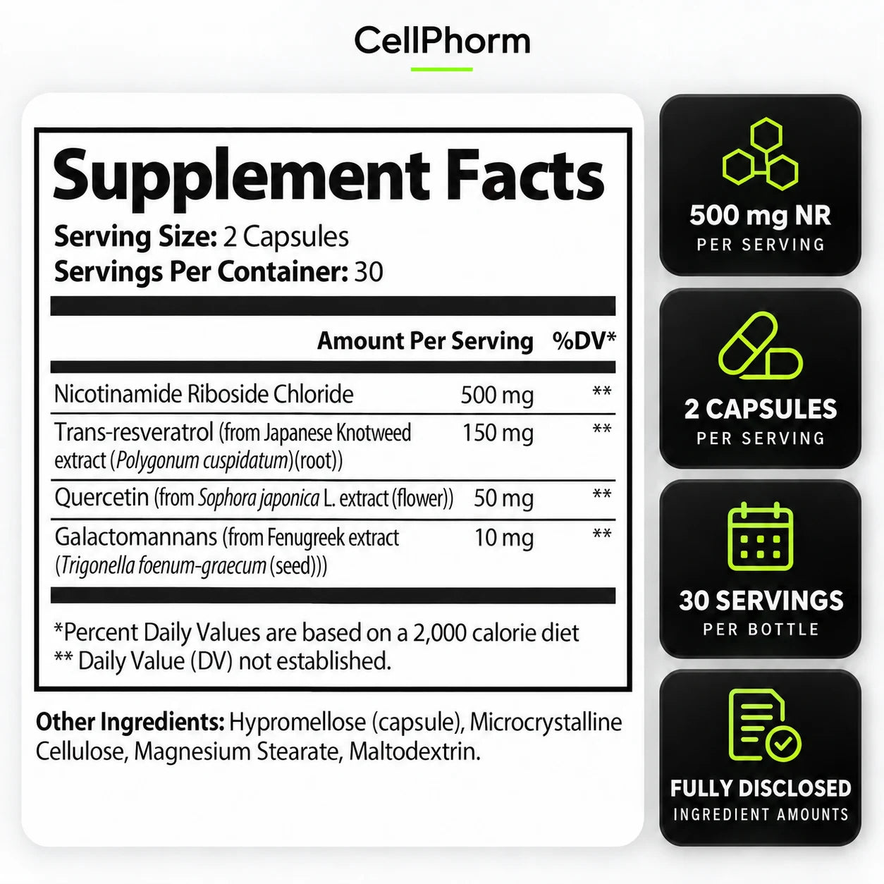 CellPhorm Supplement Facts — ingredient amounts and serving information